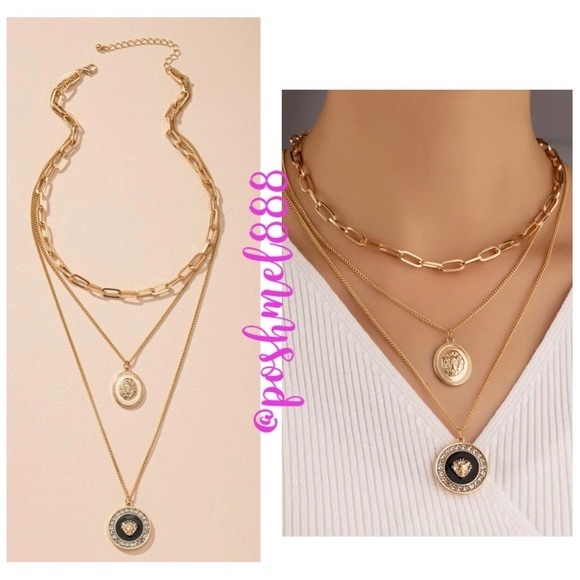 Rather Magical Jewelry - 90’s Style Glam Triple Layer Gold & Black Lionhead Medallion Necklace